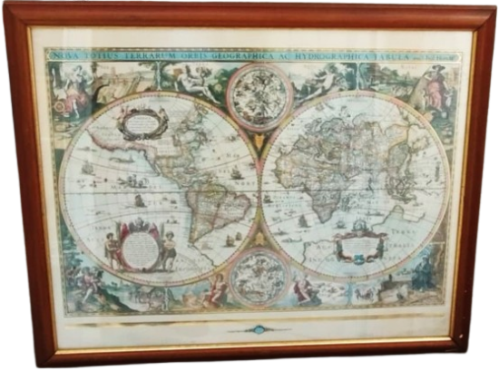 1689 CİZİM DUNYA HARİTASI CAM CERCEVESİNDE ESKİ ORJINAL BAKIR BASKI