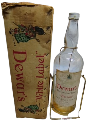 1960 1970 DÖNEMİ ORİJİNAL DEWAR’S WHITE LABEL 5 LİTRE BOS DEV CAM ŞİŞE METAL SALINCAKLI AYAK KARTON KUTUSU İLE
