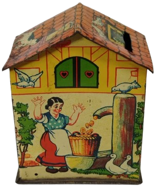 1950’LER BATI ALMANYA ÜRETİMİ UZERİ RESİMLİ TENEKE EV KUMBARA HAREKETLİ 4 RESİMLİ KOLEKSİYONLUK 