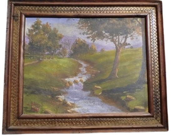 1929 H FİKRİ İMZALI, EL OYMA ÇERÇEVELİ, DOKULU YAĞLI BOYA AKARSU MANZARASI TABLO  KOLEKSİYONLUK SANAT ESERİ)