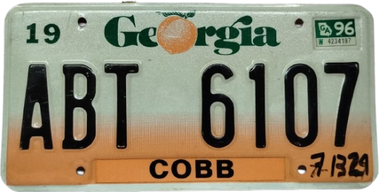USA AMERİKA 19 GEORGIA ABT 6107 COBB TRAFİKDE KULLANILMIS METAL ALUMİNYUM FOSFORLU ORJINAL PLAKA