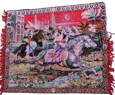 1970 FLOŞ KADİFE EL TEZGAH DOKUMA SARAYDAN KIZ KACIRMA TEMALI BÜYÜK BOY DUVAR HALISI