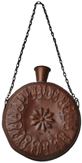 BAKIR MATARA EL İŞÇİLİĞİ UZERİ KABARTMA DESENLİ ZİNCİRLİ OSMANLI TARZI BAKIR MATARA 