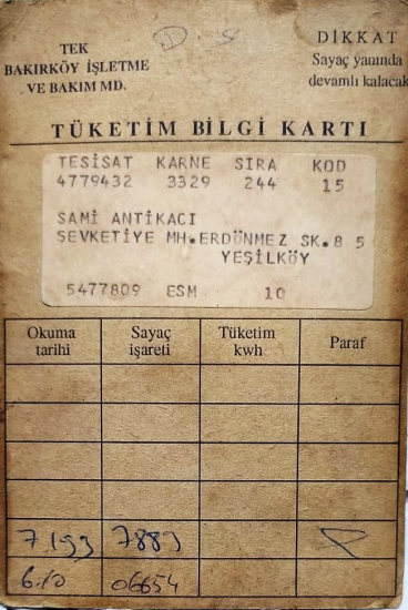1970 YEŞİLKÖY BAKIRKÖY BÖLGESİNE AİT NOSTALJİK TEK ELEKTRİK TÜKETİM BİLGİ KARTI ORJİNAL