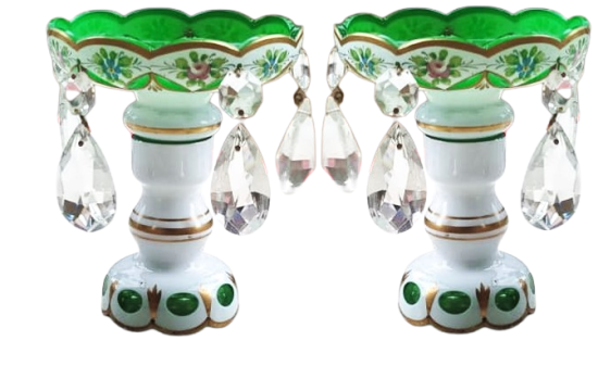 CEKESLOVAK ANTİKA BOHEMYA KRİSTALİ YEŞİL RENKLİ EL BOYAMA OPALİN ÇİFT ŞAMDAN MUMLUK TAKIMI