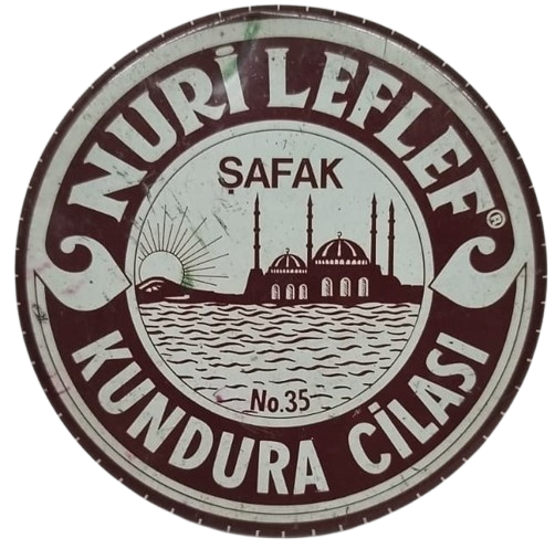  TARİHLİ NURİ LEFLEF ŞAFAK MARKA NO 35 ANTİKA  BORDO RENK BASKILI TENEKE KUTULU KUNDURA AYAKKABI CİLASI