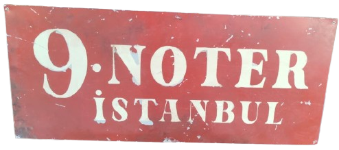 ANTİKA İSTANBUL DOKUZUNCU NOTERLİĞİ 70 X 30 CM BOYUTLARINDA ORİJİNAL METAL ESNAF TABELASI