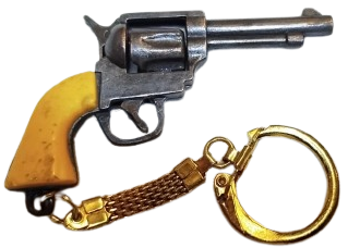 TOPLU TABANCA SİLAH REVOLVER TASARIMLI MASKOT METAL ANAHTARLIK  COVBOY MODELİ SARI KABZALI SARI ZİNCİRLİ KOLEKSİYONLUK
