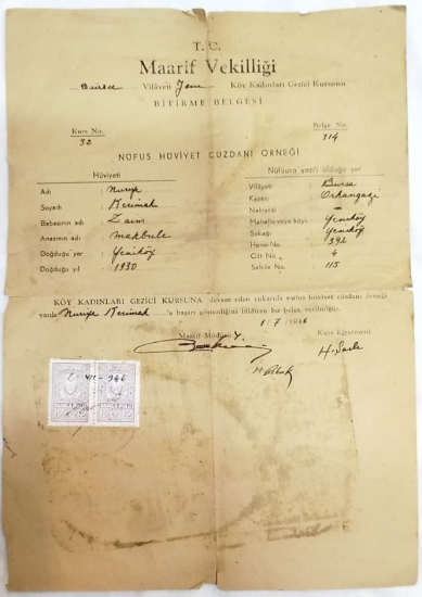 1946 YILI T.C. MAARİF VEKİLLİĞİ BURSA VİLAYETİ ORHANGAZİ KÖY KADINLARI GEZİCİ KURSU BİTİRME BELGESİ DİPLOMA