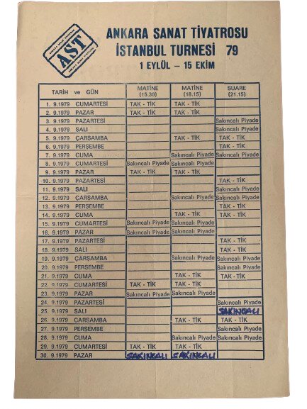 ANKARA SANAT TİYATROSU (AST) 1979 İSTANBUL TURNESİ EL İLANI