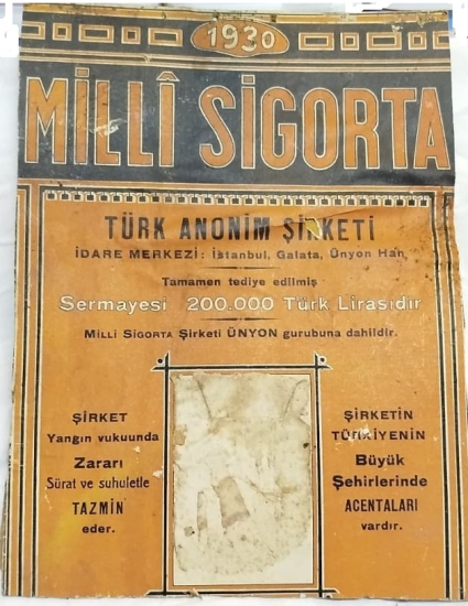 1930 MİLLİ SİGORTA REKLAMLI İSTANBUL ŞEHREMANETİ PULLU ERKEN CUMHURİYET TAKVİM KARTONU