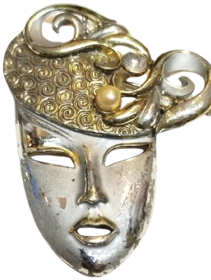 VENEZİYA KARNİVALİ TEMALI ANTİKA VINTAGE İNCİ VE TAŞ DETAYLI MASKE BROŞ ARKASI İGNELİ