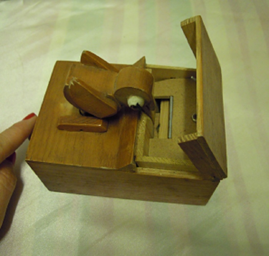 KUYRUGUNA BASINCA GAGASIYLA TEK TEK  KURDAN VEREN KUŞLU KUTU AHŞAP MEKANİK OTOMATİK  CALIŞIR