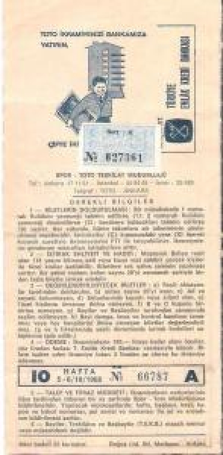 1968 YILI 10 HAFTA OYNANMIŞ SPOR TOTO KUPONU 