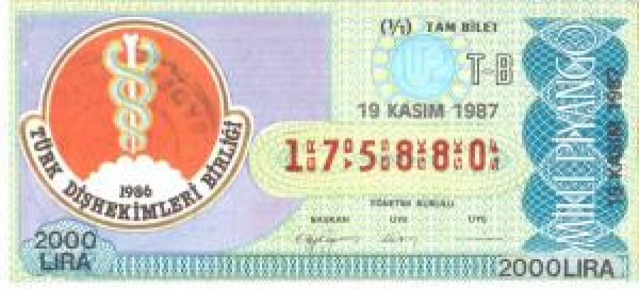 MİLLİ PİYANGO BİLET 175880 SERİ NO TAM BİLET 2000 TL 19 KASIM 1987 ÇEKİLİŞİ TÜRK DİŞ HEKİMLERİ BİRLİĞİ 