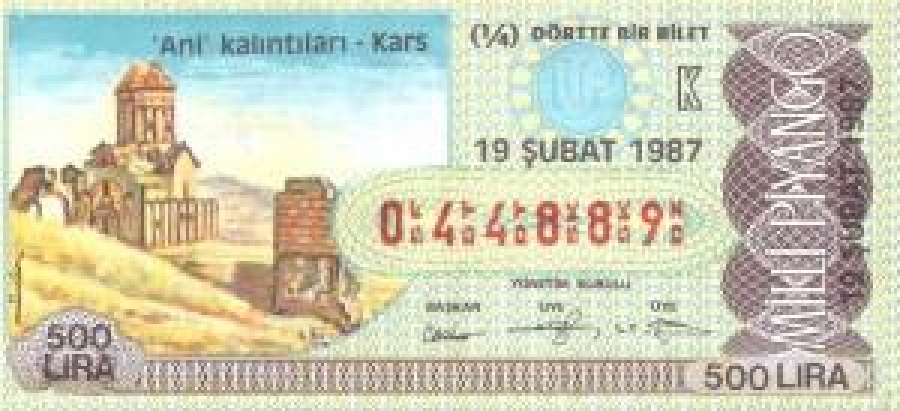 MİLLİ PİYANGO BİLET 44889 SERİ NO DÖRTTE BİR BİLET 500 LİRA 19 ŞUBAT 1987 ÇEKİLİŞİ ANİ KALINTILARI KARS 