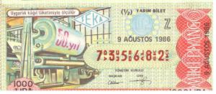 MİLLİ PİYANGO BİLET 735682 SERİ NO 9 AĞUSTOS 1986 ÇEKİLİŞİ 1000 LİRA UYGARLIK KAĞIT TÜKETİMİYLE ÖLÇÜLER 