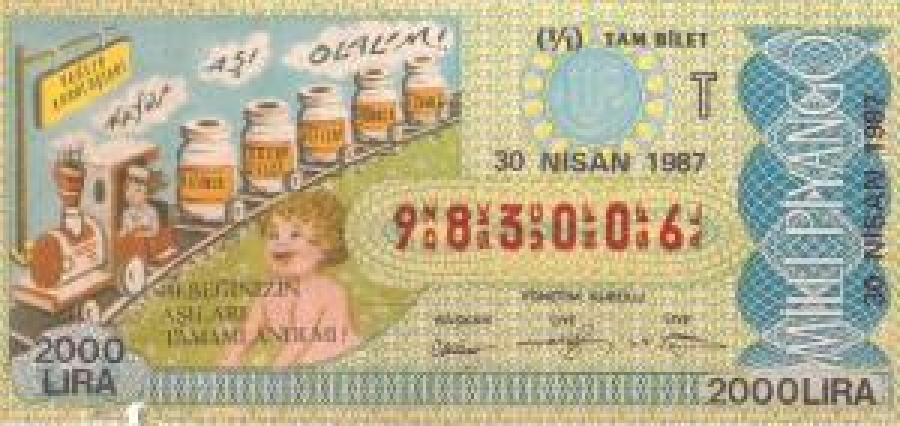 MİLLİ PİYANGO BİLET 983006 SERİ NOLU 30 NİSAN 1987 ÇEKİLİŞİ SAĞLIK KURULUŞLARI HAYDİ AŞI OLALIM 