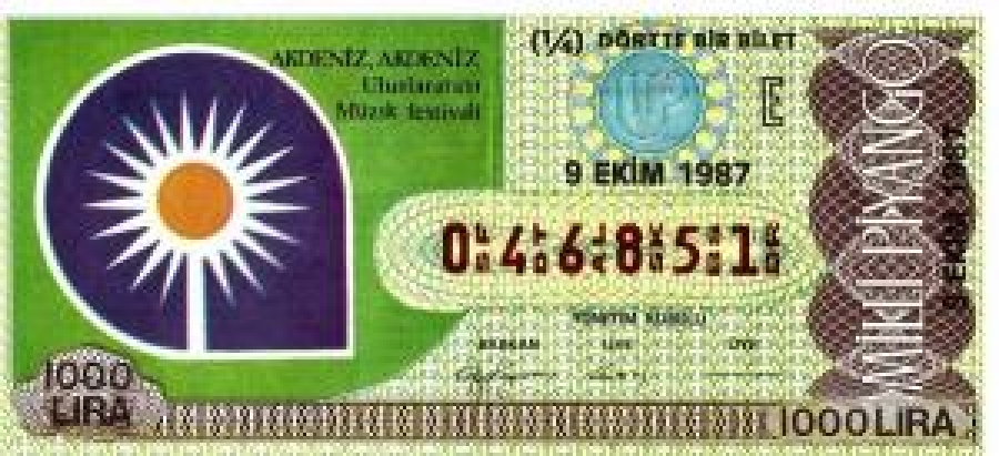 MİLLİ PİYANGO ÇEYREK BİLET 1000 LİRA 046851 SERİ NO 9 EKİM 1987 ÇEKİLİŞİ 
