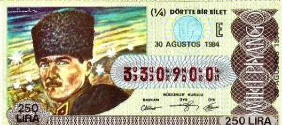 MİLLİ PİYANGO ÇEYREK BİLET 250 LİRA 330900 SERİ NO 30 AĞUSTOS 1984 ÇEKİLİŞİ 