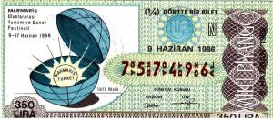 MİLLİ PİYANGO ÇEYREK BİLET 350 LİRA 757496 SERİ NO 9 HAZİRAN 1986 ÇEKİLİŞİ 