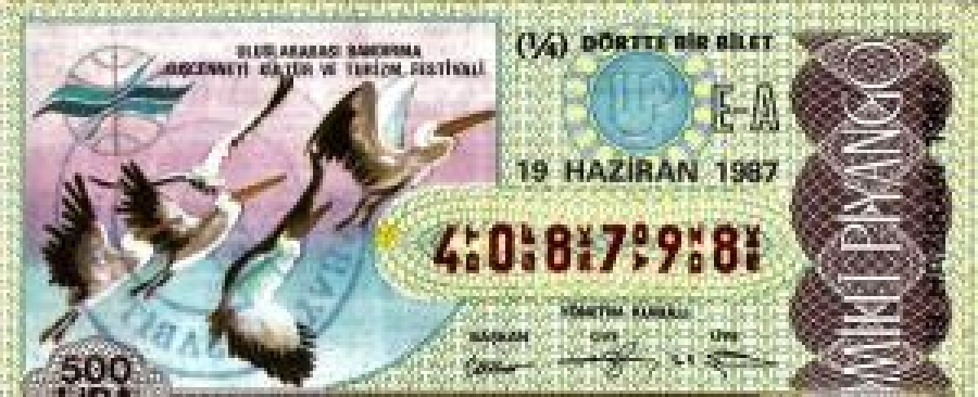 MİLLİ PİYANGO ÇEYREK BİLET 500 LİRA 408798 SERİ NO 19 HAZİRAN 1987 ÇEKİLİŞİ 