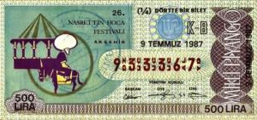 MİLLİ PİYANGO ÇEYREK BİLET 500 LİRA 933367 SERİ NO 9 TEMMUZ 1987 ÇEKİLİŞİ 