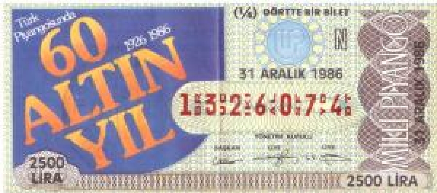 MİLLİ PİYANGO DÖRTE BİR BİLET 1326074 SERİ NOLU 31 ARALIK 1986 CEKİLİŞİ 2500 LİRA TÜRK PİYANGOSUNDA 60 ALTIN YIL 1926 1986 TEMALI 