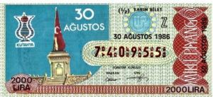MİLLİ PİYANGO YARIM BİLET 2000 LİRA 740955 SERİ NO 30 AĞUSTOS 1986 ÇEKİLİŞİ 