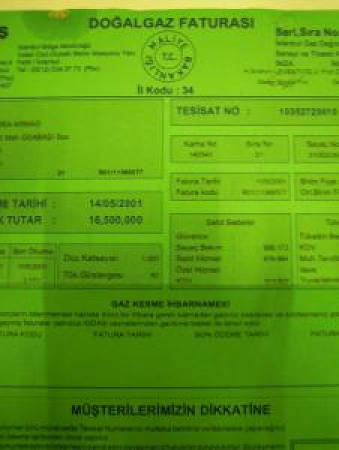 2001 YILI DOĞAL GAZ FATURASI İGDAŞ RENKLİ KAĞIDA BASILMIŞ A 4 EBADI 