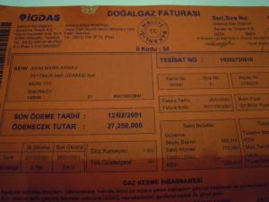 2001 YILI DOĞALGAZ FATURASI İGDAŞ RENKLİ KAĞIDA BASILMIŞ A 4 EBADI 