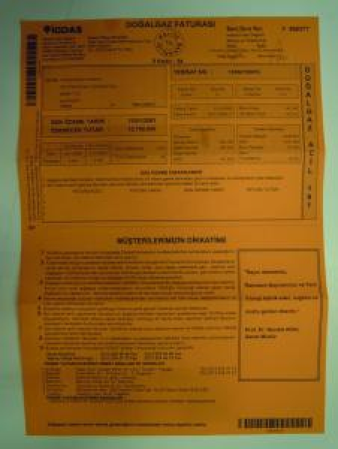 2001 YILI DOĞALGAZ FATURASI İGDAŞ RENKLİ KAGIDA BASILMIŞ A 4 EBADI 