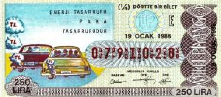 MİLLİ PİYANGO ÇEYREK BİLET 250 LİRA 0791028 SERİ NO 19 OCAK 1985 ÇEKİLİŞİ 