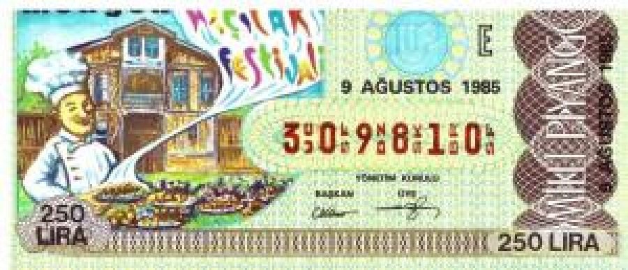 MİLLİ PİYANGO ÇEYREK BİLET 250 LİRA 309810 SERİ NO 9 AĞUSTOS 1985 ÇEKİLİŞİ 