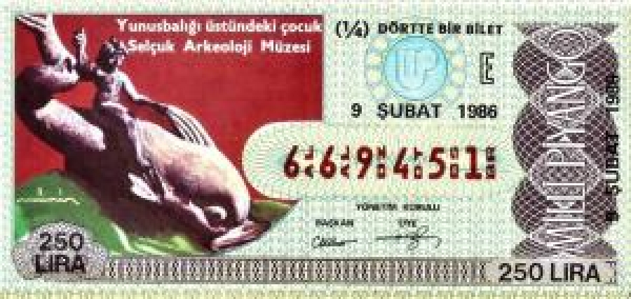 MİLLİ PİYANGO ÇEYREK BİLET 250 LİRA 669451 SERİ NO 9 ŞUBAT 1986 ÇEKİLİŞİ 