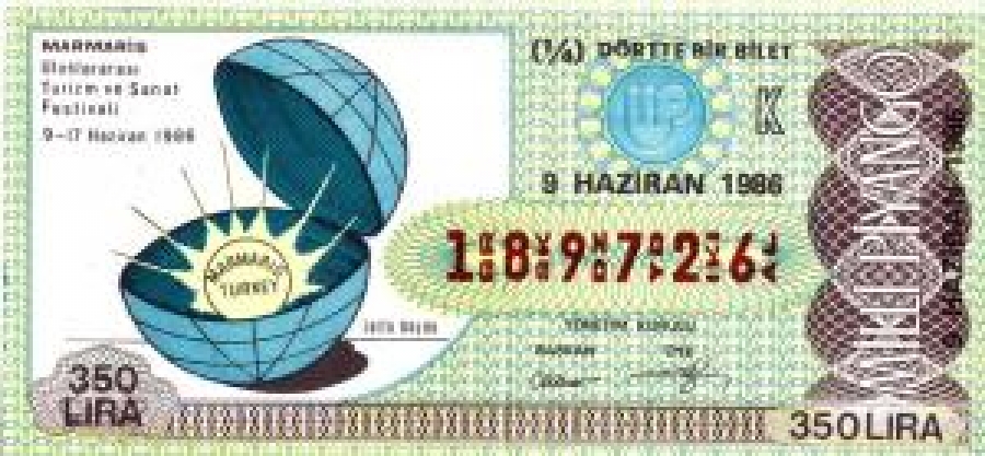 MİLLİ PİYANGO ÇEYREK BİLET 350 LİRA 189726 SERİ NO 9 HAZİRAN 1986 ÇEKİLİŞİ 