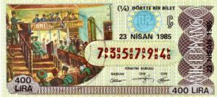 MİLLİ PİYANGO ÇEYREK BİLET 400 LİRA 735794 SERİ NO 23 NİSAN 1985 ÇEKİLİŞİ 