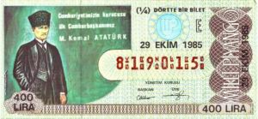 MİLLİ PİYANGO ÇEYREK BİLET 400 LİRA 819015 SERİ NO 29 EKİM 1985 ÇEKİLİŞİ 