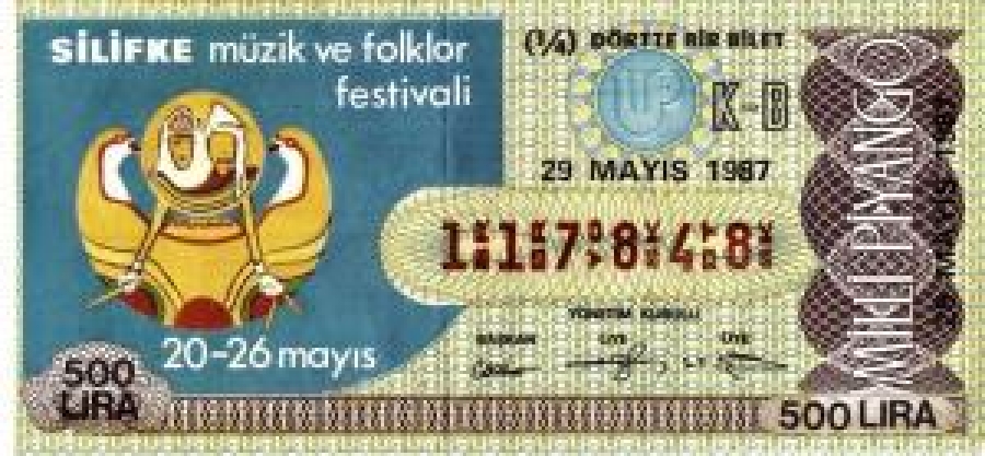 MİLLİ PİYANGO ÇEYREK BİLET 500 LİRA 117848 SERİ NO 29 MAYIS 1987 ÇEKİLİŞİ 