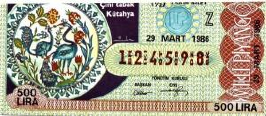 MİLLİ PİYANGO ÇEYREK BİLET 500 LİRA 124598 SERİ NO 29 MART 1986 ÇEKİLİŞİ 