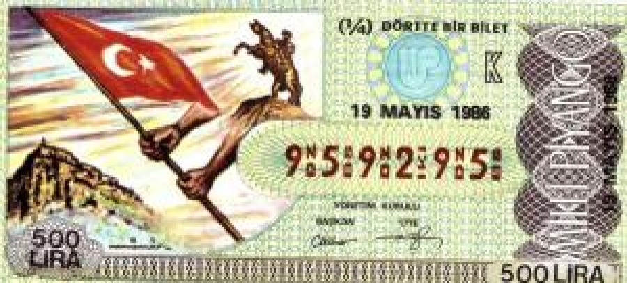MİLLİ PİYANGO ÇEYREK BİLET 500 LİRA 959295 SERİ NOLU 19 MAYIS 1986 ÇEKİLİŞİ 