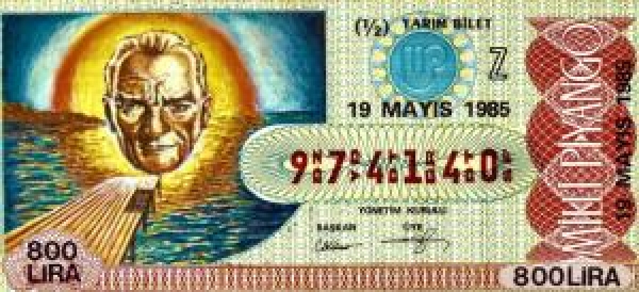 MİLLİ PİYANGO ÇEYREK BİLET 800 LİRA 974140 SERİ NOLU 19 MAYIS 1985 ÇEKİLİŞİ 
