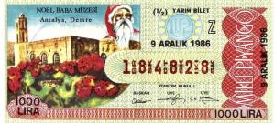 MİLLİ PİYANGO YARIM BİLET 1000 LİRA 184828 SERİ NOLU 9 ARALIK 1986 ÇEKİLİŞİ 