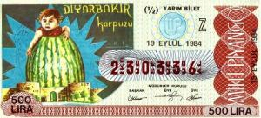 MİLLİ PİYANGO YARIM BİLET 500 LİRA 230336 SERİ NOLU 19 EYLÜL 1984 ÇEKİLİŞİ 