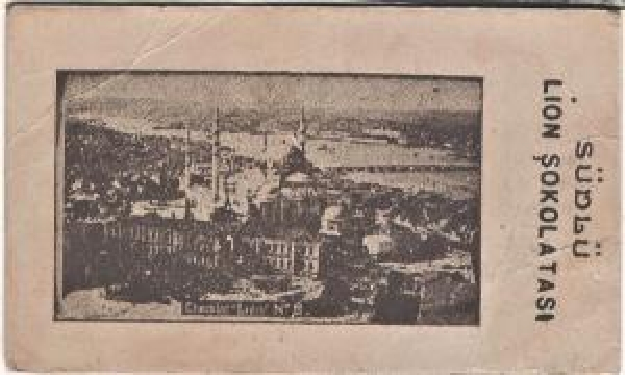 OSMANLI CİKOLATA KARTI SÜDLÜ LİON ŞOKOLATASI OSMANLI VE FRANSIZCA ACIKLAMALI İSTANBUL YENİ CAMİİ CİKOLATA KARTI SÜTLİ CUKULATA