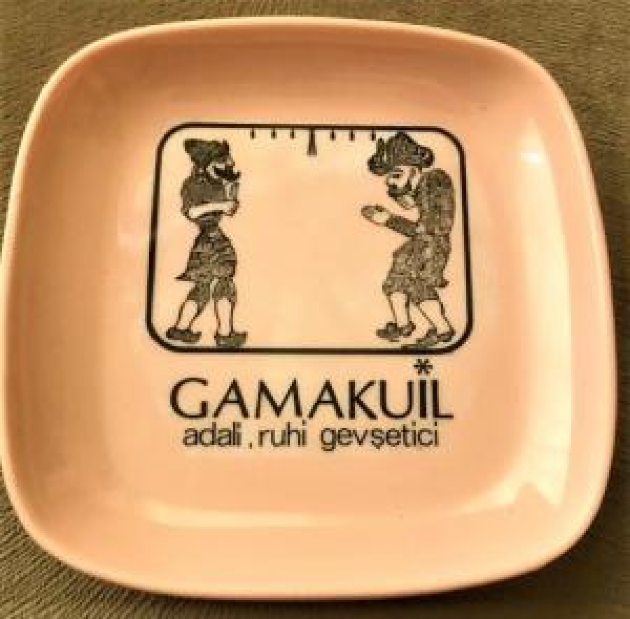 HACİVAT KARAGÖZ FİGÜRLÜ PEMBE BOSFOR MELAMİN TABAK GAMAKUL ADALİ RUHİ GEVŞETİCİ HAP REKLAMLI 