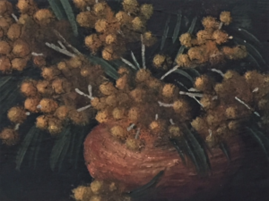 AHŞAP ÜZERİ YAĞLI BOYA NATÜRMORD MİMOZALAR TABLO ÇERÇEVESİNDE İMZALI 