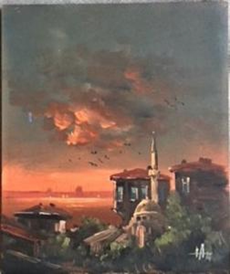 DURALIT ÜZERİNE YAĞLI BOYA  USKUDARDAN  EMİNONUNE BAKIS GÜN BATIMI İMZALI 