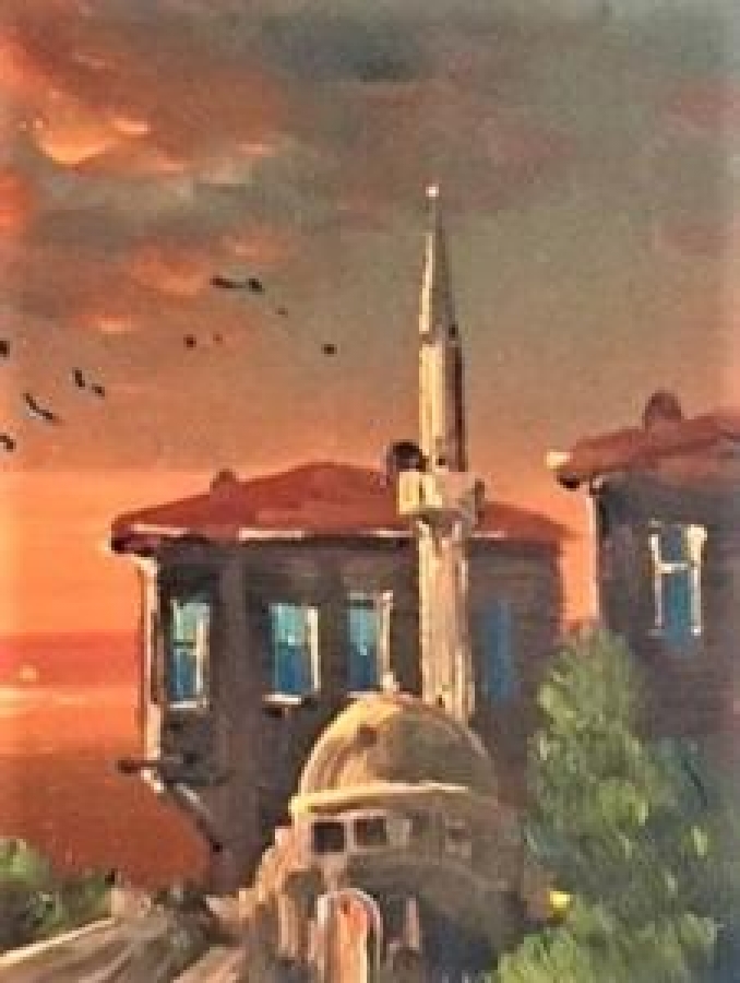 DURALIT ÜZERİNE YAĞLI BOYA  USKUDARDAN  EMİNONUNE BAKIS GÜN BATIMI İMZALI 