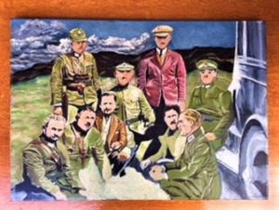 MUSTAFA KEMAL ATATÜRK KURMAYLARIYLA GÖRÜŞME YAPARKEN YAGLI BOYA TUAL ÜZERİNE 